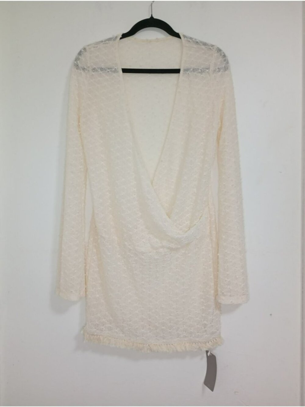 Missguided cream-colored knit mini dress with fringe and semi-sheer size M